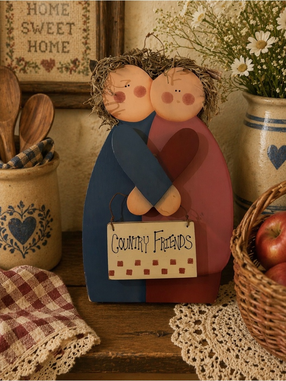 Vintage 90s Country Friends Folk Art Wooden Figurine - Blue & Red